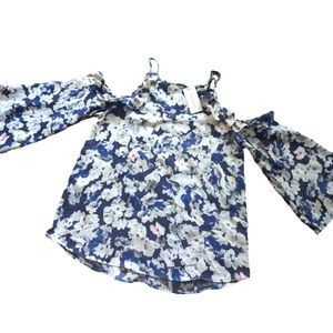 NEW w Tags Sim & Sam Cold  Shoulder Flutter Sleeve Blouse Top Blue Floral SIZE L